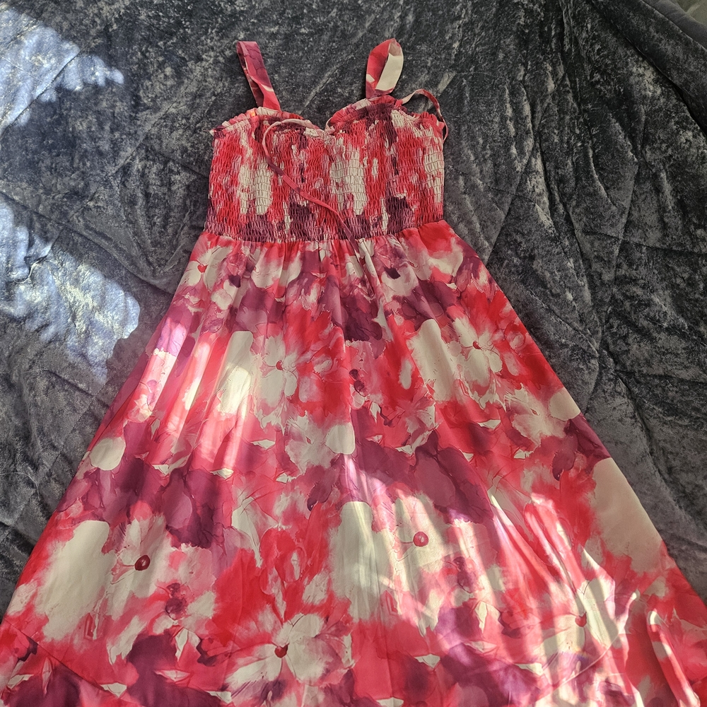 Grace Karin Pink Purple & White Floral Smocked Maxi Drews Size Large